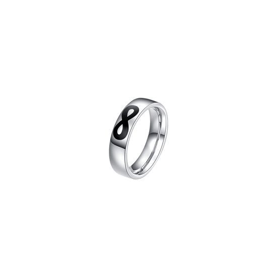 WOMEN'S AND MEN'S STEEL WEDDING BAND WITH BLACK ENAMEL INFINITY