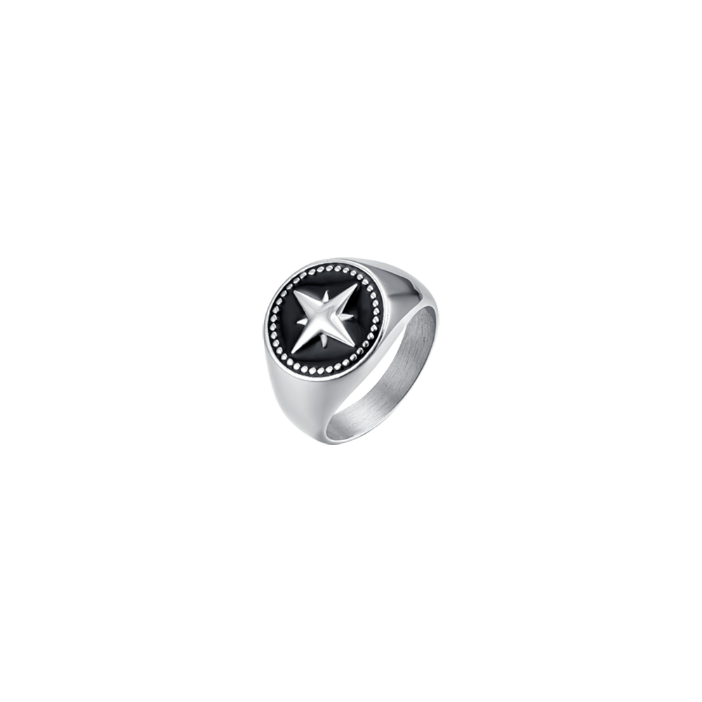 STEEL MEN'S RING WITH COMPASS ROSE AND BLACK ENAMEL