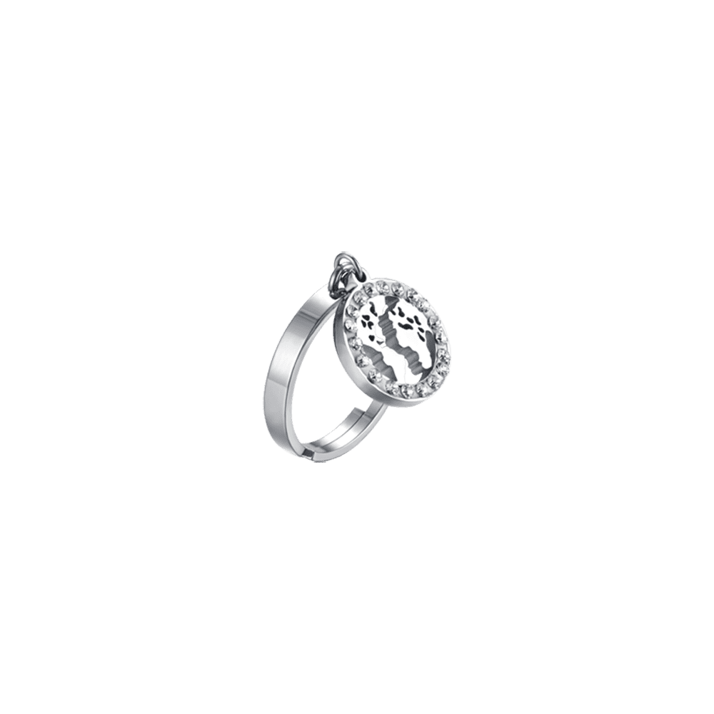 WOMEN'S STEEL RING WITH WORLD WITH WHITE CRYSTALS