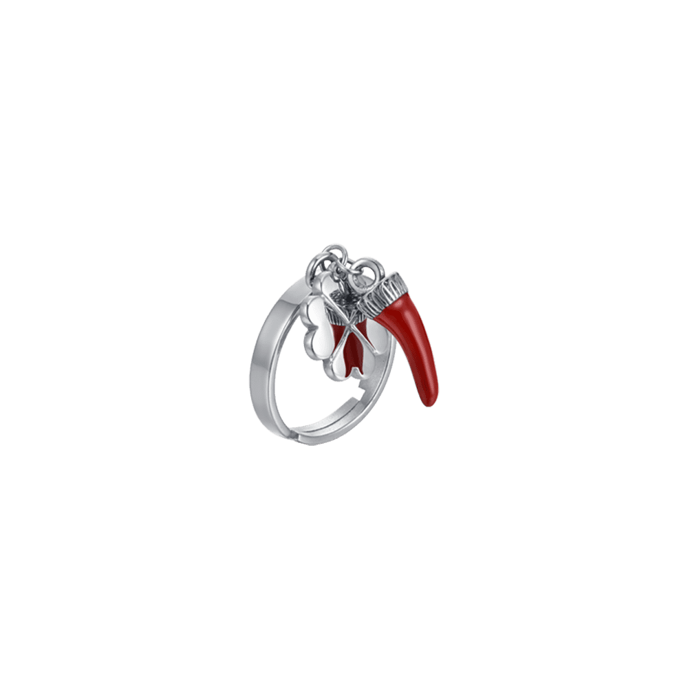 WOMAN'S RING IN STEEL WITH CROWN WITH RED ENAMEL AND QUADRIFOGLIO Luca Barra