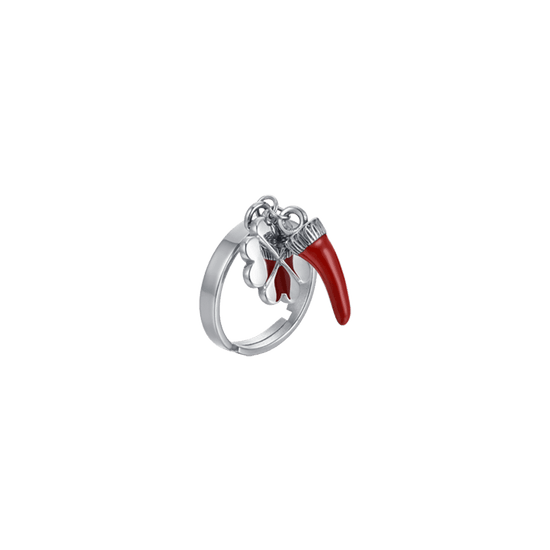 WOMEN'S STEEL HORN RING WITH RED ENAMEL AND FOUR-LEAF CLOVER