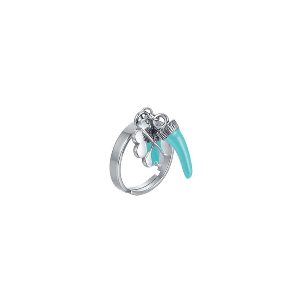 WOMEN'S STEEL HORN RING WITH TURQUOISE ENAMEL AND FOUR-LEAF CLOVER