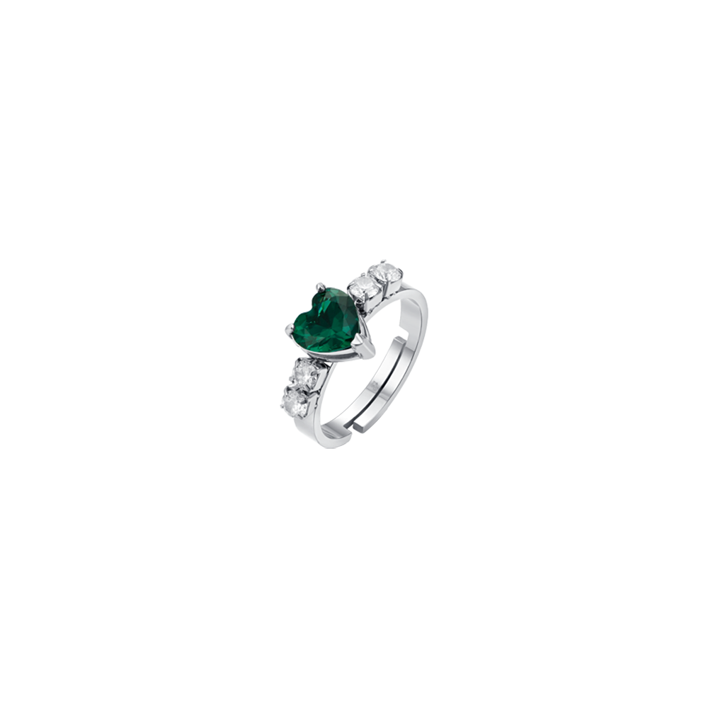 WOMAN'S RING IN STEEL WITH WHITE CRYSTALS AND GREEN CRYSTAL HEART Luca Barra