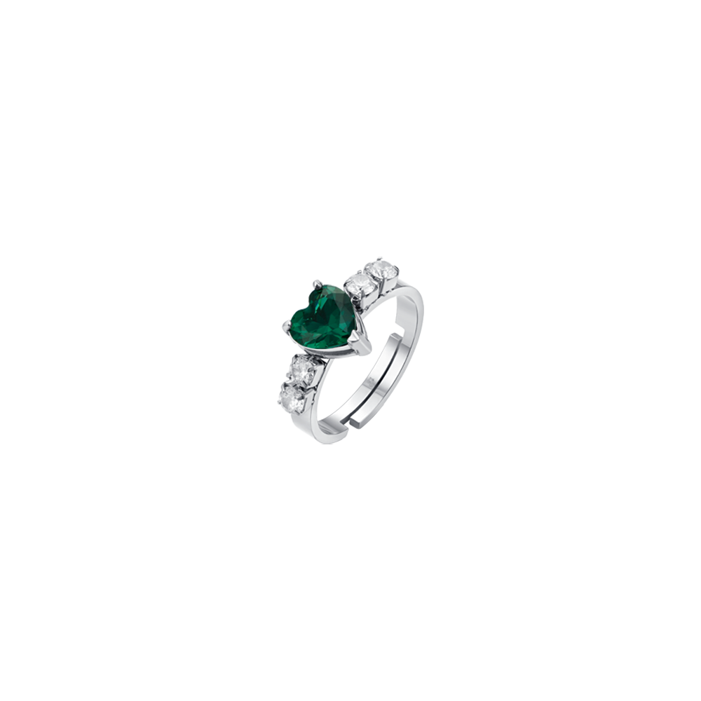 WOMEN'S STEEL RING WITH WHITE CRYSTALS AND GREEN CRYSTAL HEART