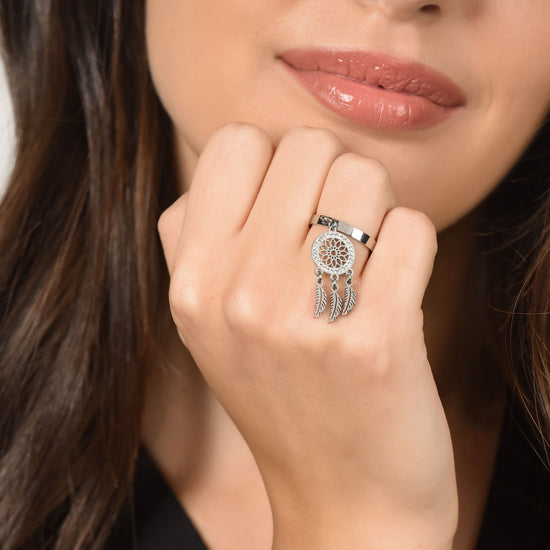 WOMEN'S STEEL DREAM CATCHER RING WITH WHITE CRYSTALS