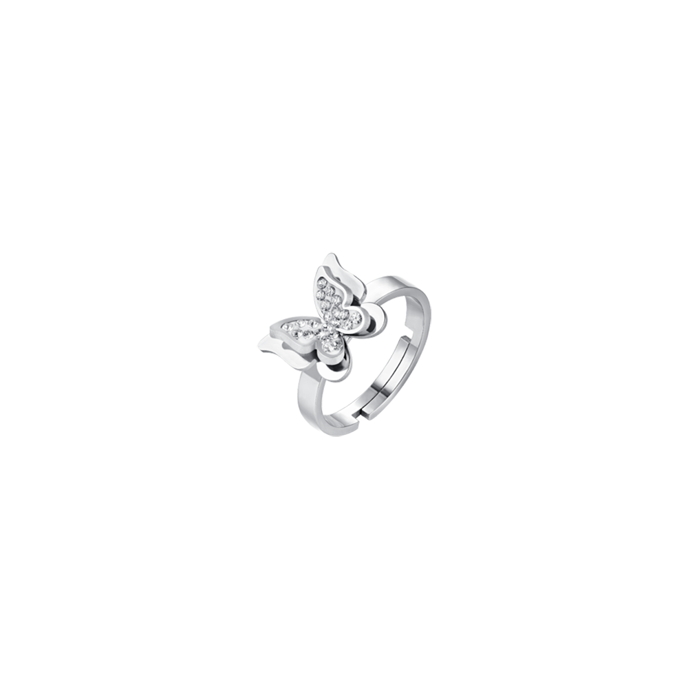 WOMEN'S STEEL BUTTERFLY RING WITH WHITE CRYSTALS