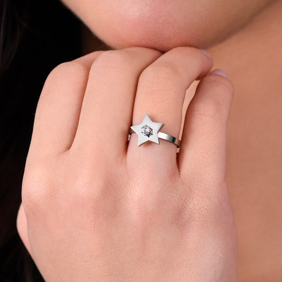 WOMEN'S STEEL STAR AND CUBIC ZIRCONIA RING