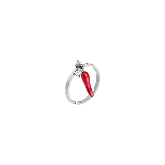 ANELLO IN ACCIAIO CON CORNO ROSSO E PUNTO LUCE