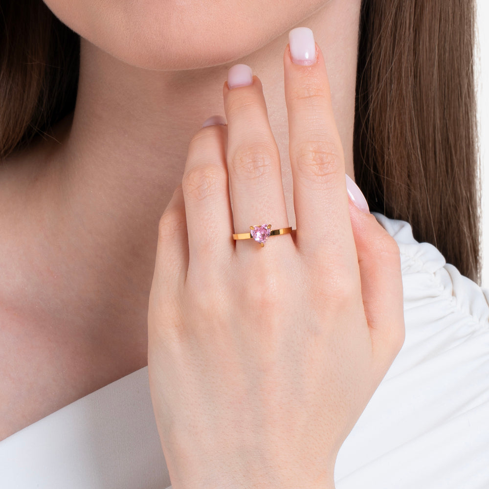 ANELLO DONNA IN ACCIAIO E  IP GOLD CON CUORE CRISTALLO ROSA