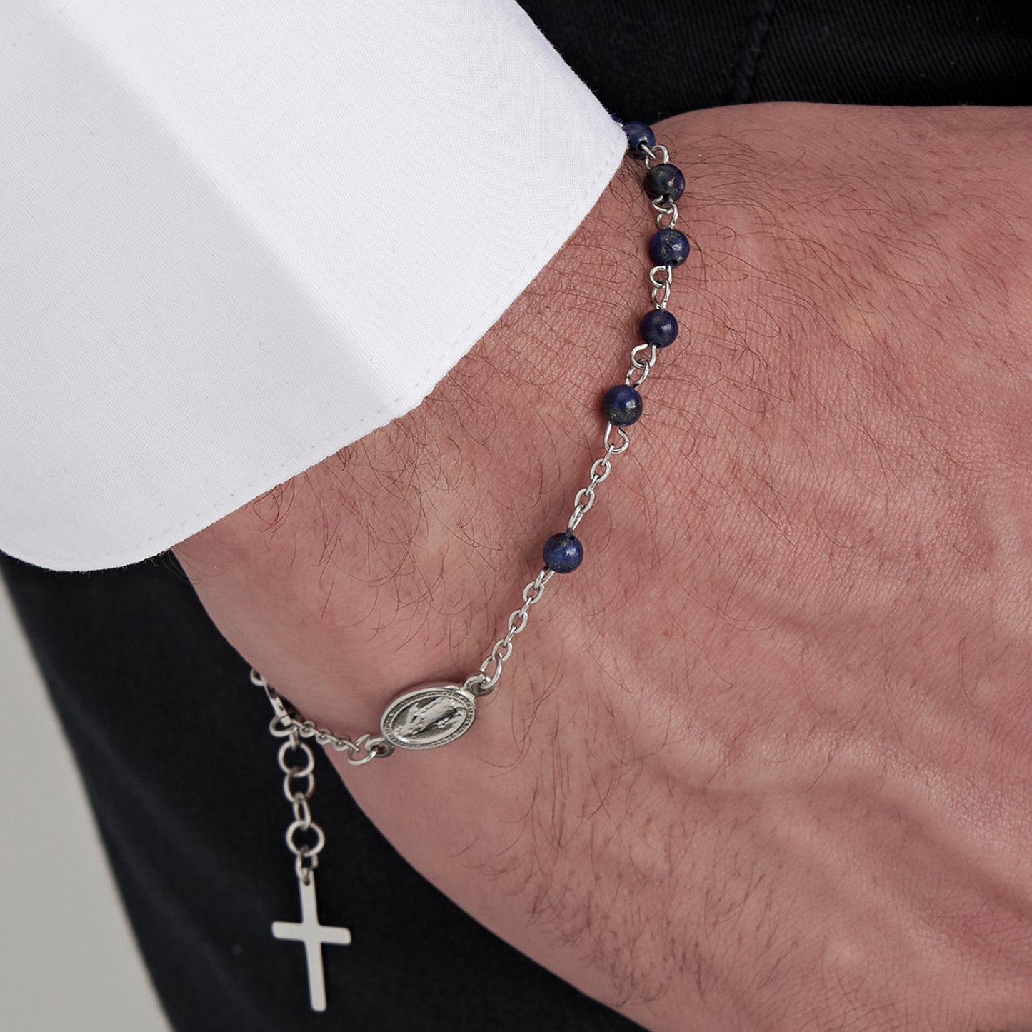 MEN'S STEEL ROSARY BRACELET WITH LAPIS STONES