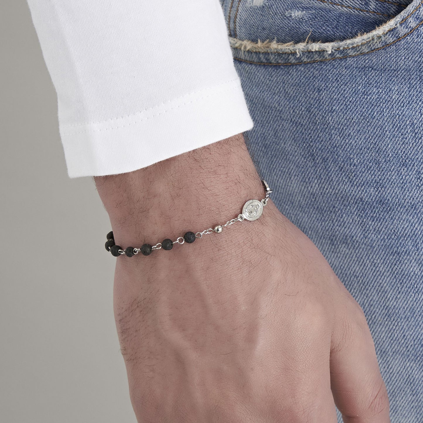 MEN'S STEEL ROSARY BRACELET WITH LAVA STONE