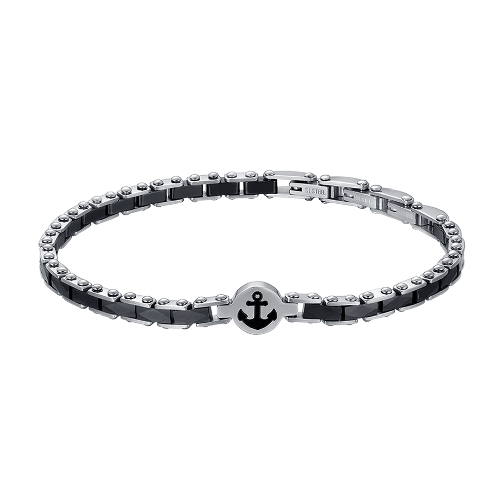 STEEL MEN'S BRACELET WITH BLACK CERAMIC ELEMENTS WITH ANCHOR