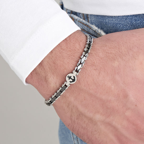 STEEL MEN'S BRACELET WITH BLACK CERAMIC ELEMENTS WITH ANCHOR