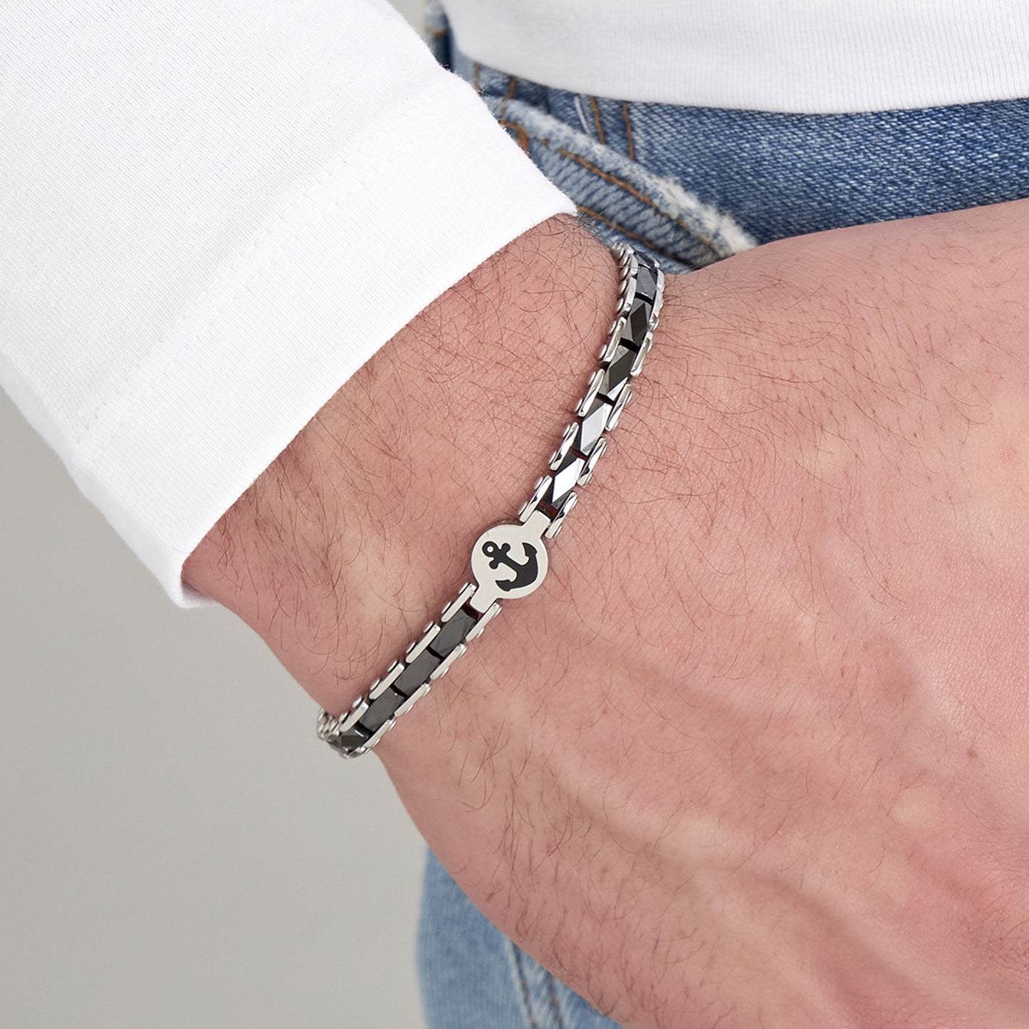 MAN'S BRACELET IN STEEL WITH BLACK CERAMIC ELEMENTS WITH ANCHOR Luca Barra