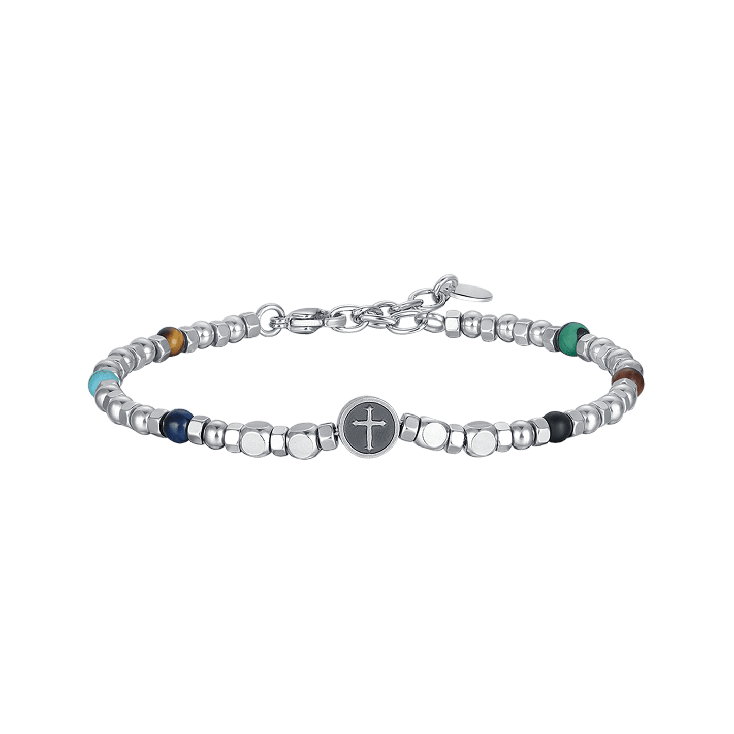 STEEL MEN'S BRACELET WITH COLORED STONES AND CROSS