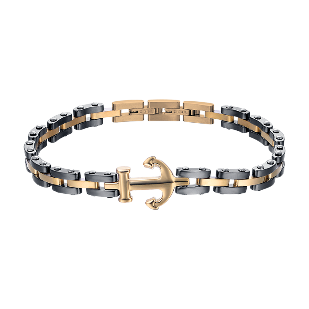 MEN'S IP ROSE STEEL BRACELET WITH BLACK CERAMIC ELEMENTS AND ANCHOR