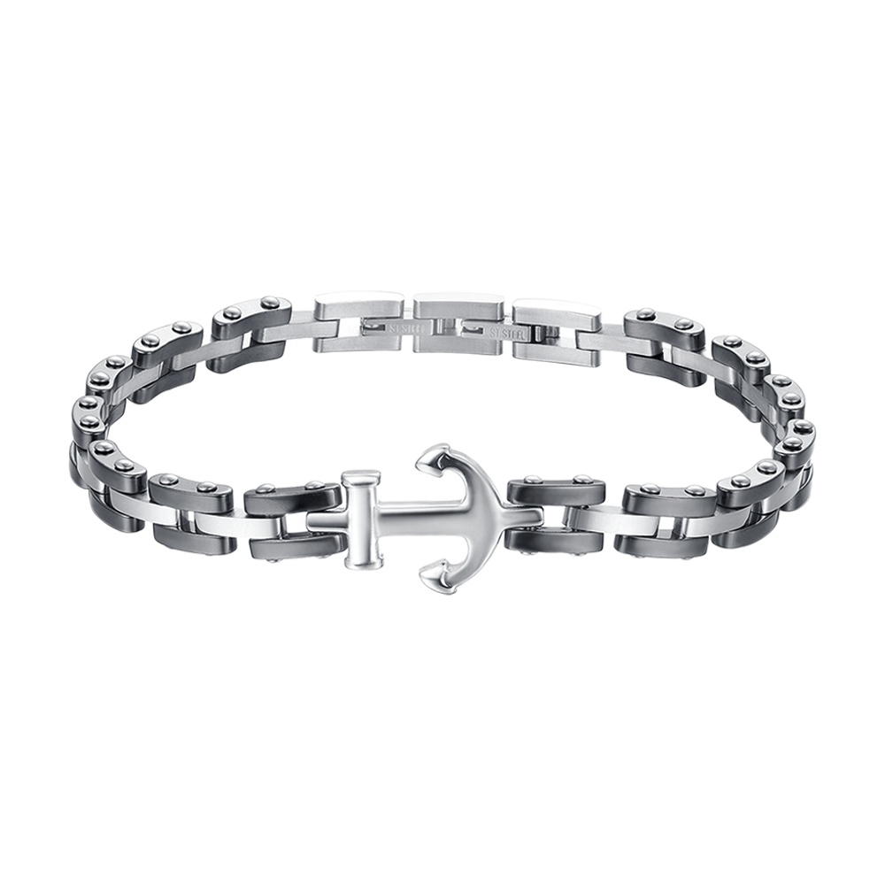 MEN'S IP ROSE STEEL BRACELET WITH BLACK CERAMIC ELEMENTS AND ANCHOR