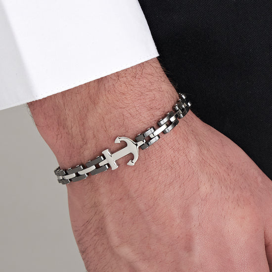 MEN'S IP ROSE STEEL BRACELET WITH BLACK CERAMIC ELEMENTS AND ANCHOR