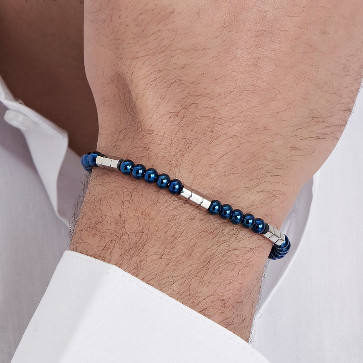 STEEL MEN'S BRACELET WITH BLUE STONES AND STEEL ELEMENTS