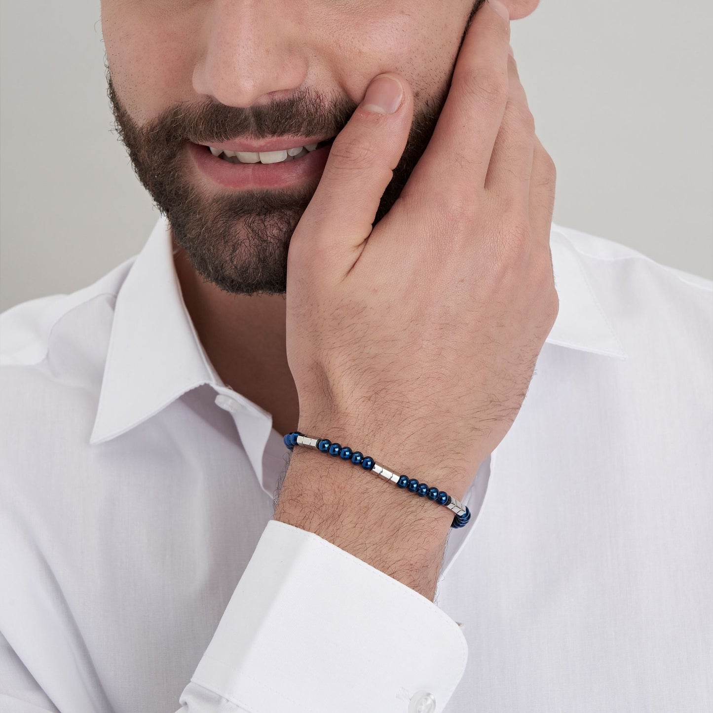 STEEL MEN'S BRACELET WITH BLUE STONES AND STEEL ELEMENTS