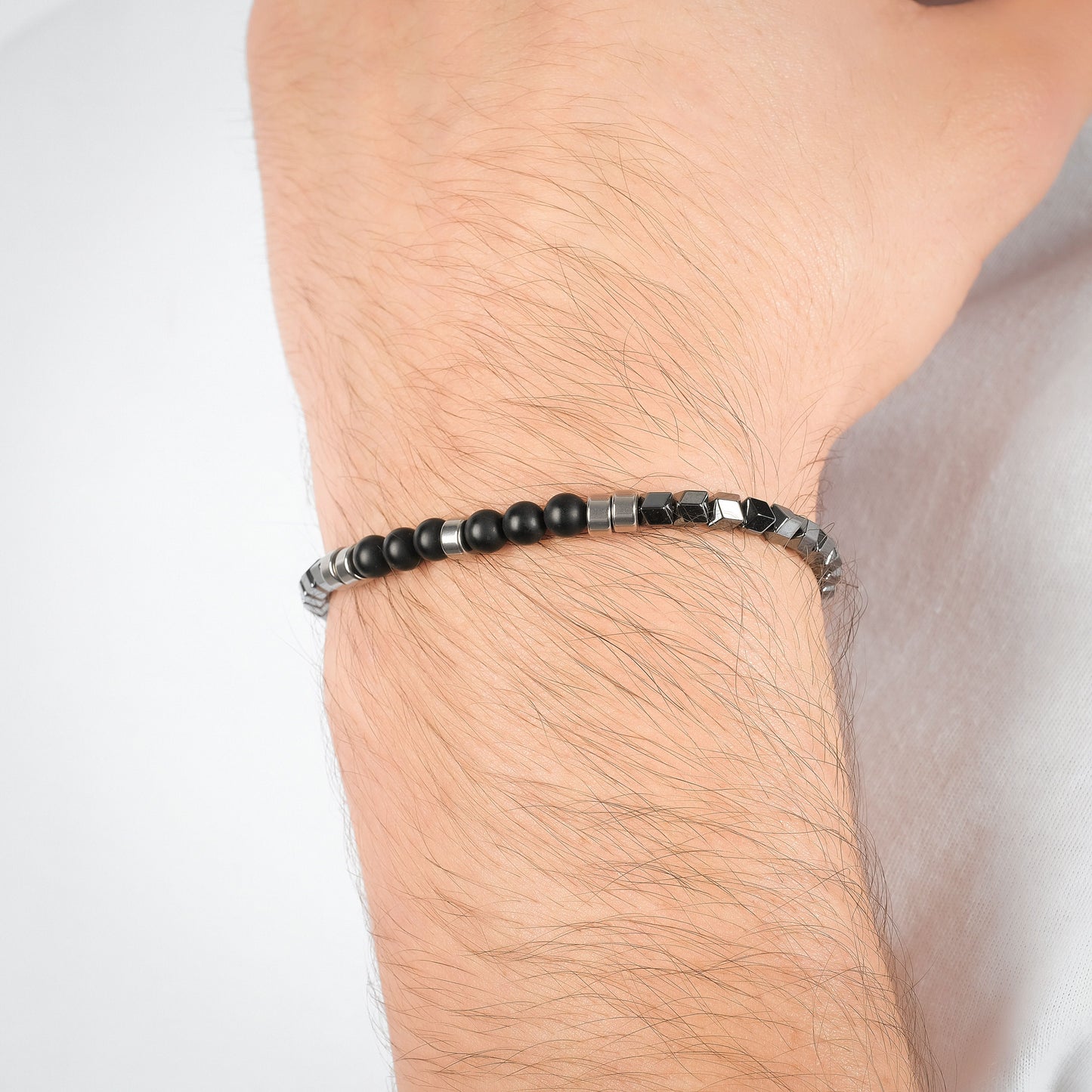 STEEL MEN'S BRACELET WITH GRAY IP HEMATITE AND BLACK STONES