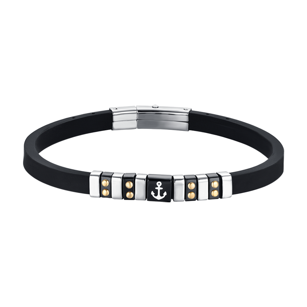 BLACK SILICONE MEN'S BRACELET WITH STEEL ELEMENTS, IP BLACK AND GOLD WITH ANCHOR