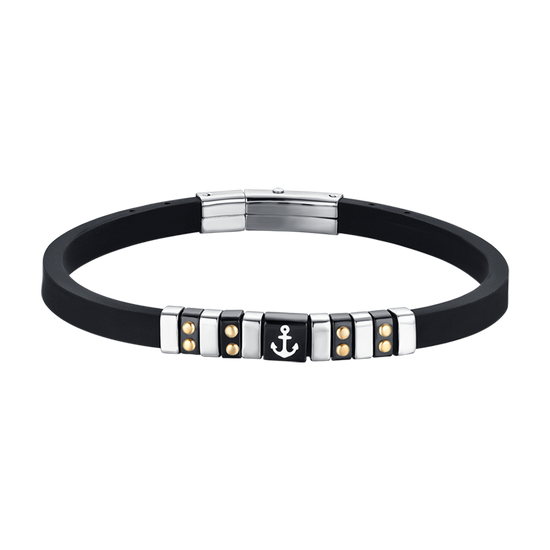 BLACK SILICONE MEN'S BRACELET WITH STEEL ELEMENTS, IP BLACK AND GOLD WITH ANCHOR