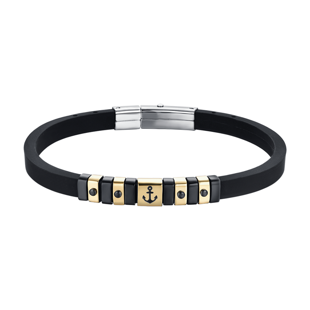 BLACK SILICONE MEN'S BRACELET WITH IP GOLD AND BLACK STEEL ELEMENTS WITH ANCHOR