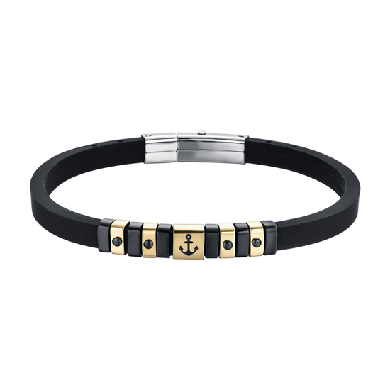 BLACK SILICONE MEN'S BRACELET WITH IP GOLD AND BLACK STEEL ELEMENTS WITH ANCHOR