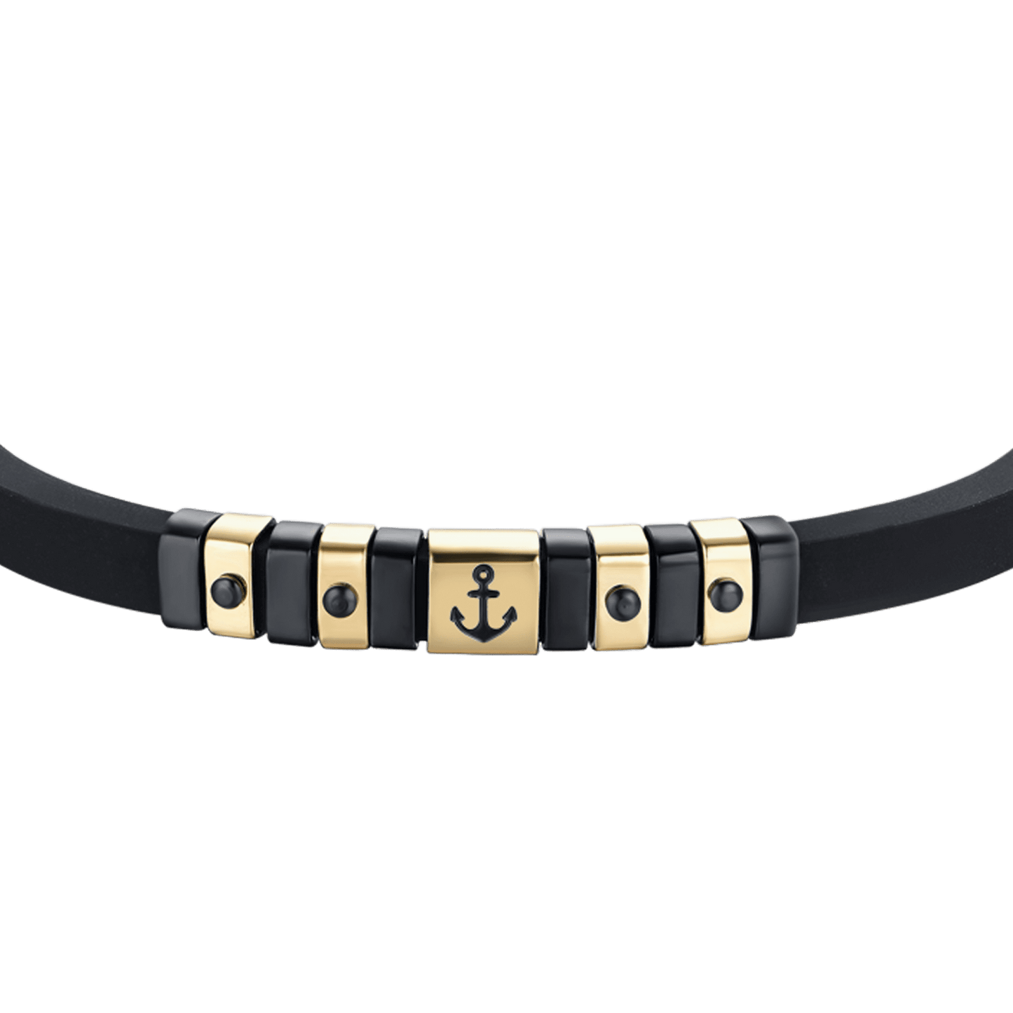 BLACK SILICONE MEN'S BRACELET WITH IP GOLD AND BLACK STEEL ELEMENTS WITH ANCHOR