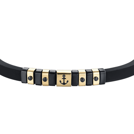 BLACK SILICONE MEN'S BRACELET WITH IP GOLD AND BLACK STEEL ELEMENTS WITH ANCHOR