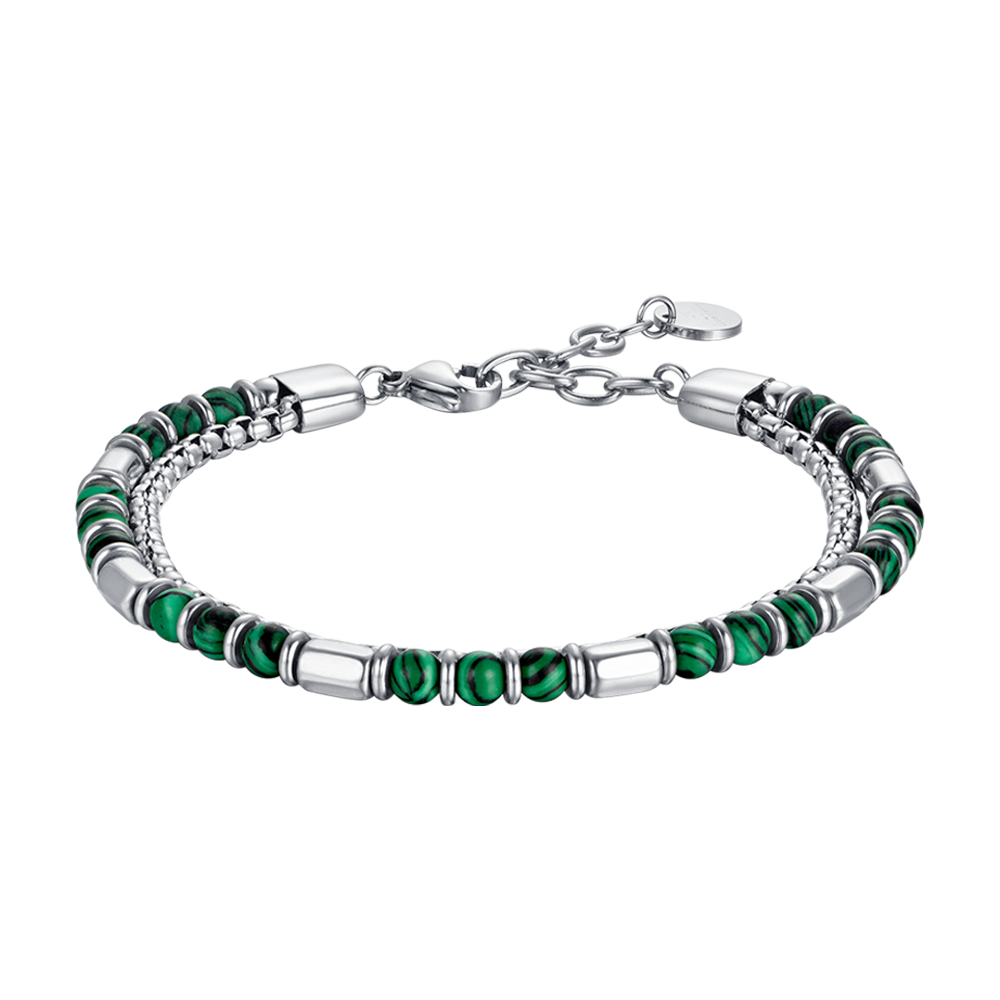 STEEL MEN'S BRACELET WITH GREEN STONES AND STEEL ELEMENTS