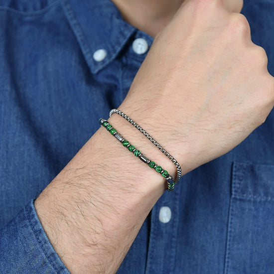 STEEL MEN'S BRACELET WITH GREEN STONES AND STEEL ELEMENTS