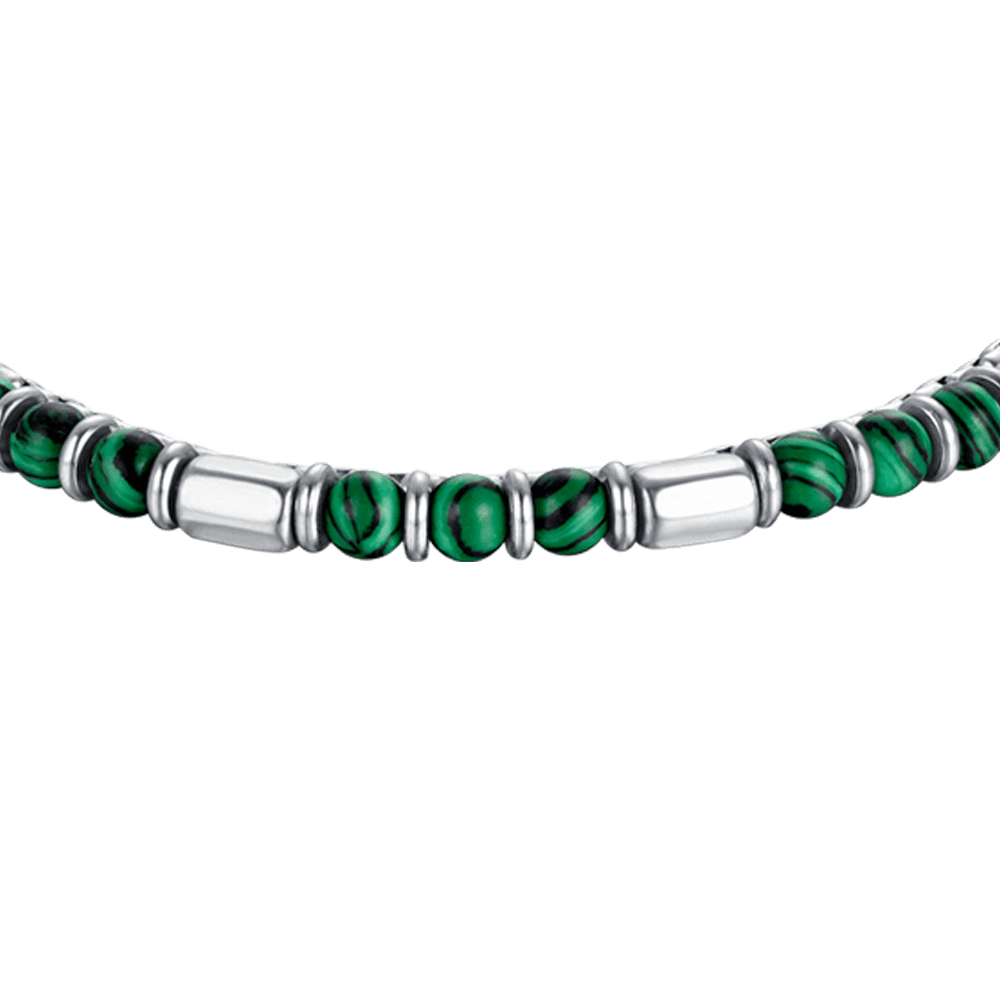 STEEL MEN'S BRACELET WITH GREEN STONES AND STEEL ELEMENTS