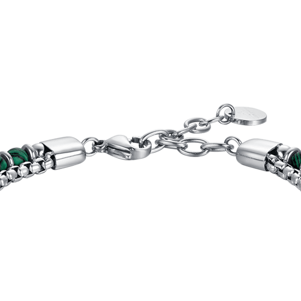 STEEL MEN'S BRACELET WITH GREEN STONES AND STEEL ELEMENTS