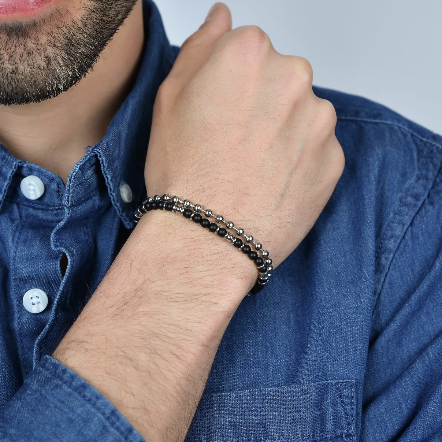 STEEL MEN'S BRACELET WITH BLACK AGATE AND STEEL ELEMENTS