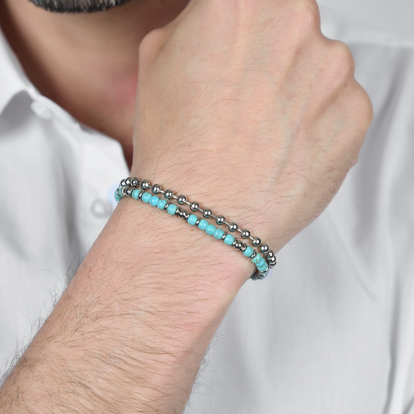 MEN'S STEEL BRACELET WITH TURQUOISE STONES AND STEEL ELEMENTS