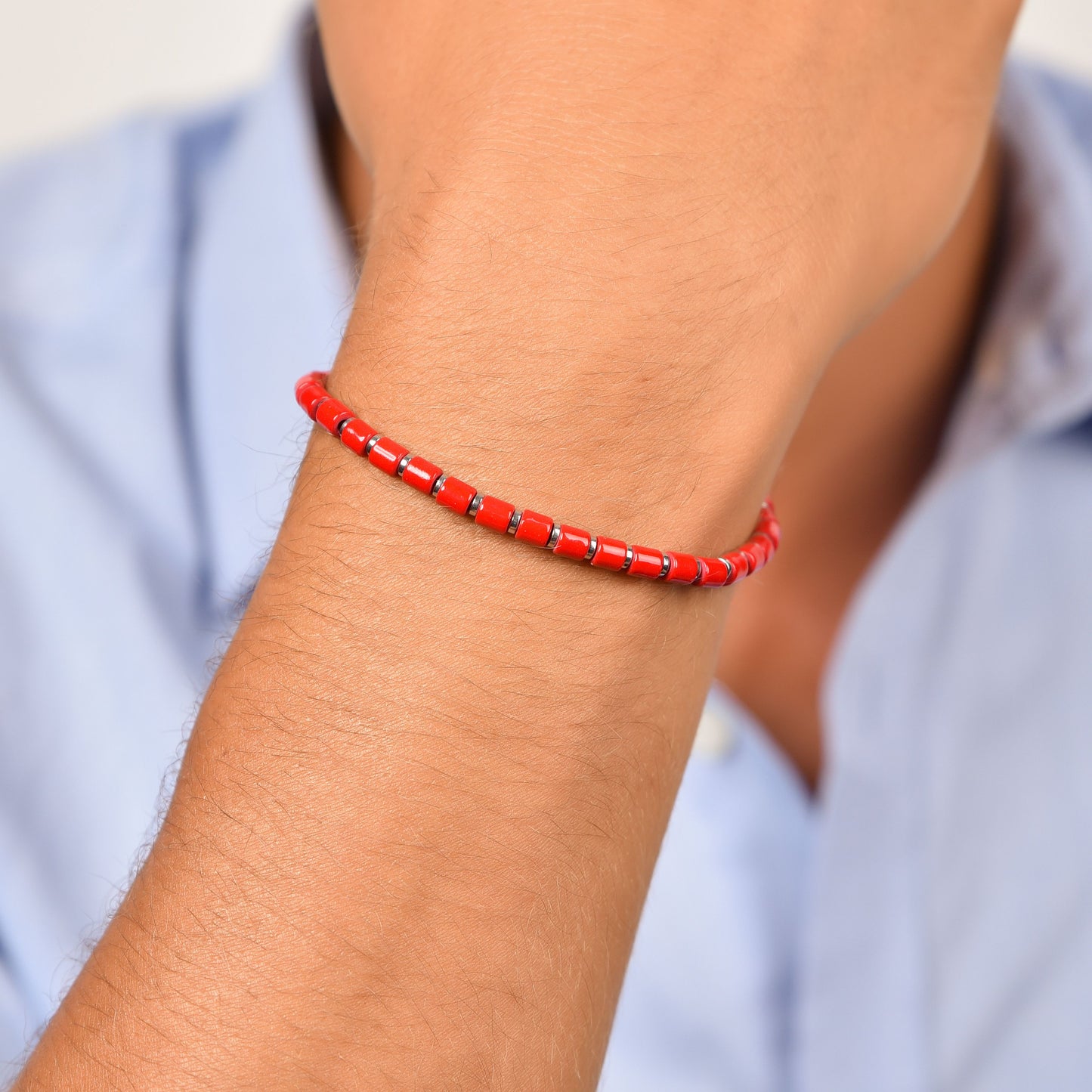 STEEL MEN'S BRACELET WITH RED STONES