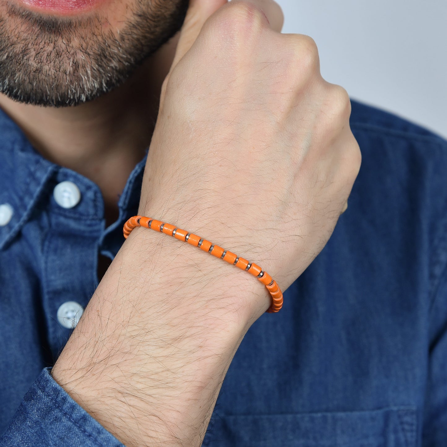 STEEL MEN'S BRACELET WITH ORANGE STONES