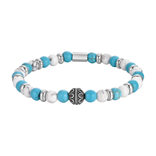 MEN'S ELASTIC BRACELET WITH BLUE AND WHITE STONES AND STEEL ELEMENTS