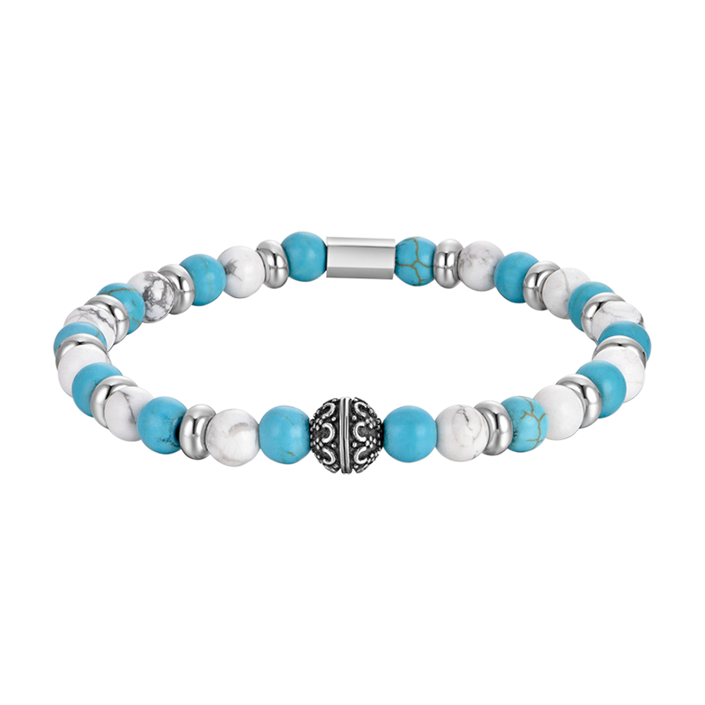 MEN'S ELASTIC BRACELET WITH BLUE AND WHITE STONES AND STEEL ELEMENTS