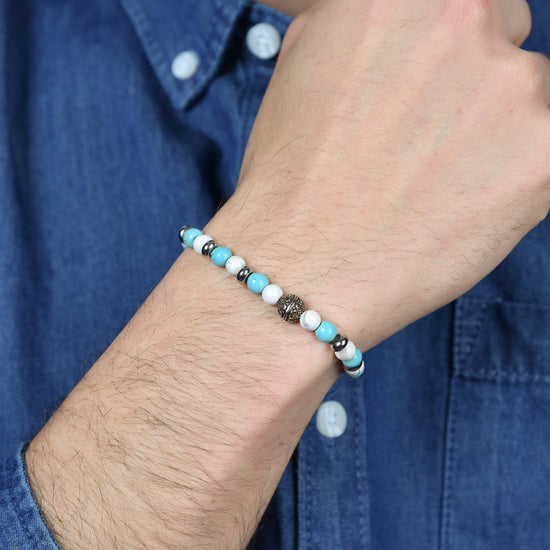 MEN'S ELASTIC BRACELET WITH BLUE AND WHITE STONES AND STEEL ELEMENTS