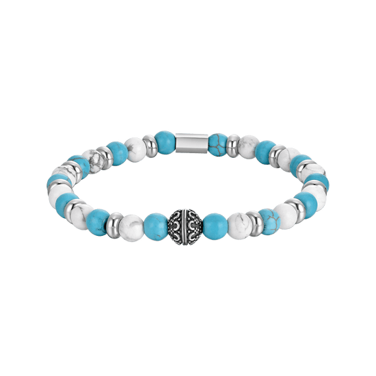 MEN'S ELASTIC BRACELET WITH BLUE AND WHITE STONES AND STEEL ELEMENTS