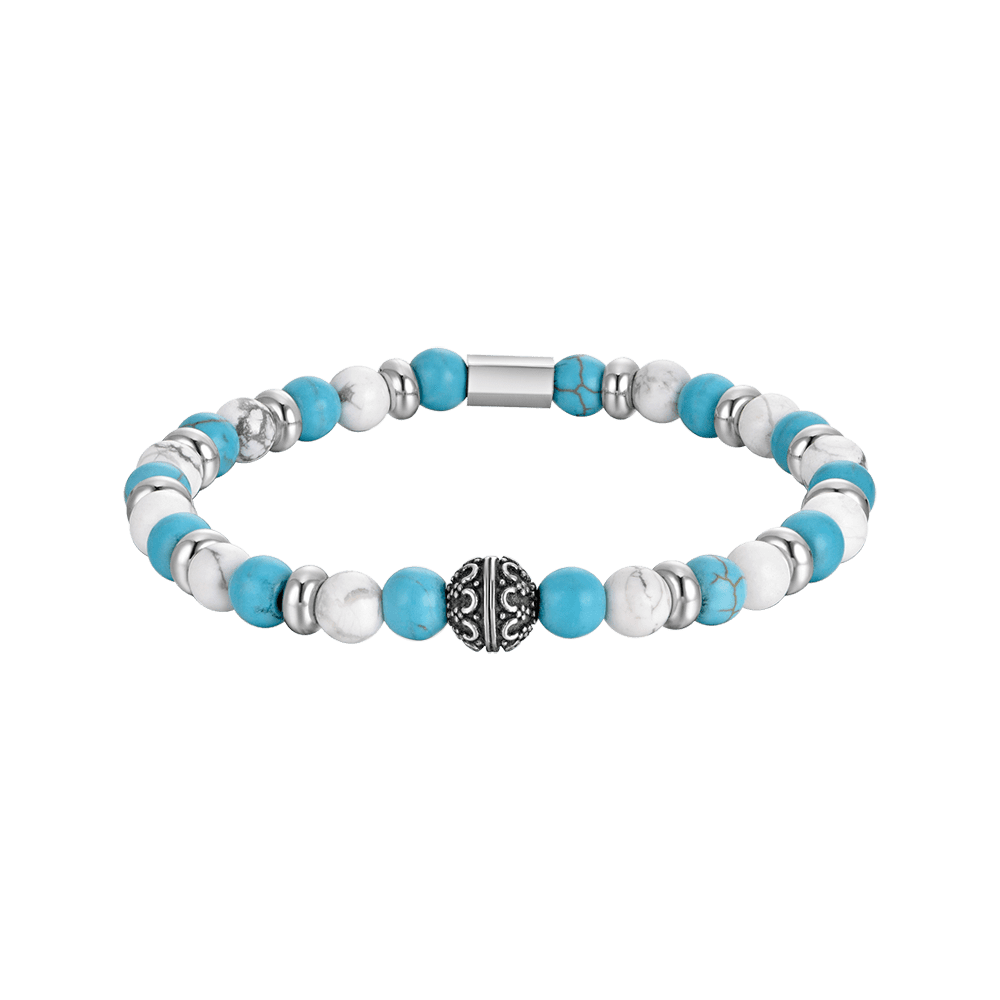 MEN'S ELASTIC BRACELET WITH BLUE AND WHITE STONES AND STEEL ELEMENTS