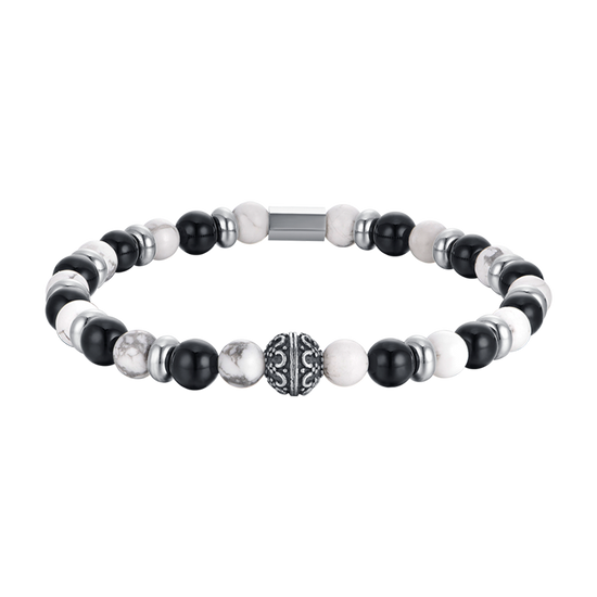 MEN'S ELASTIC BRACELET WITH BLACK AND WHITE STONES AND STEEL ELEMENTS