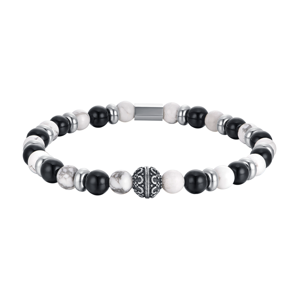 MEN'S ELASTIC BRACELET WITH BLACK AND WHITE STONES AND STEEL ELEMENTS