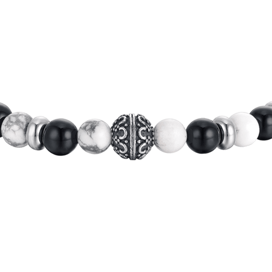 MEN'S ELASTIC BRACELET WITH BLACK AND WHITE STONES AND STEEL ELEMENTS