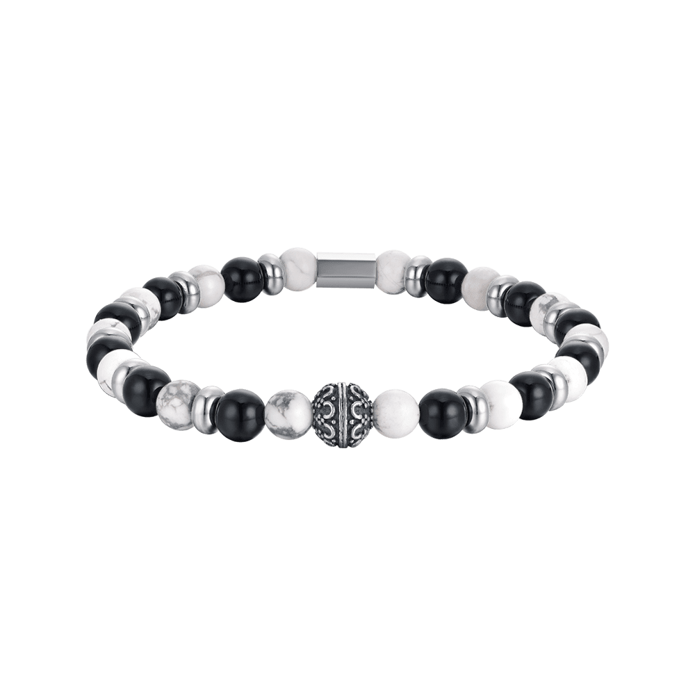 MEN'S ELASTIC BRACELET WITH BLACK AND WHITE STONES AND STEEL ELEMENTS