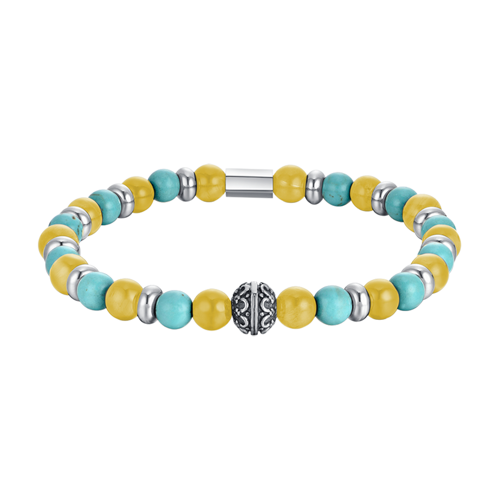 MEN'S ELASTIC BRACELET WITH TURQUOISE AND YELLOW STONES AND STEEL ELEMENTS