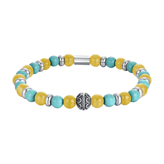 MEN'S ELASTIC BRACELET WITH TURQUOISE AND YELLOW STONES AND STEEL ELEMENTS